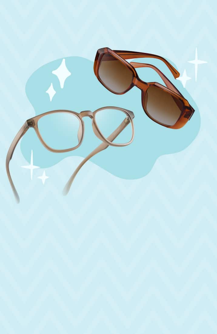 Matte beige eyeglasses and translucent amber sunglasses floating over a blue organic shape with illustrated sparkles against a light blue chevron background.