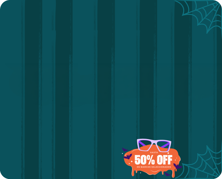 Un par de lentes Zenni cuadrados morados sobre una gota de slime naranja rodeada de murciélagos. Texto adicional: Hasta 50% de descuento en estilos seleccionados. El fondo es azul petróleo oscuro con telarañas en las esquinas.