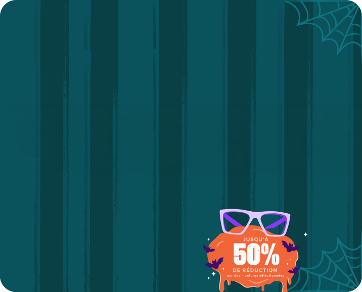 Une paire de lunettes Zenni carrées violets sur une tache de slime orange entourée de chauves-souris. Texte additionnel : Jusqu'à -50 % sur une sélection de styles. Fond bleu-vert foncé avec des toiles d'araignée dans les coins.