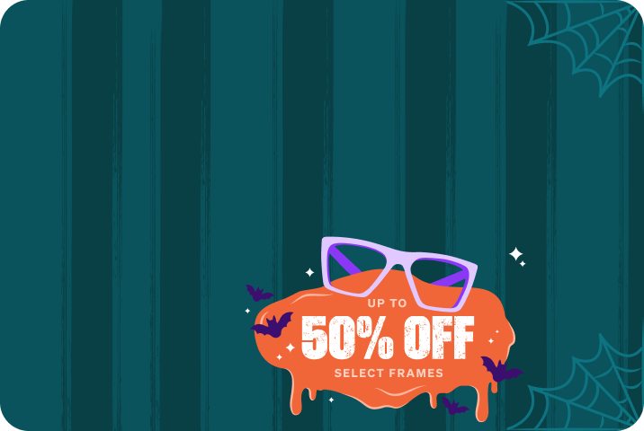 A pair of square purple Zenni glasses on top of a blob of orange slime surrounded by bats. Additional text: Up to 50% Off Select Frames. Background is dark teal with spiderwebs in the corners.