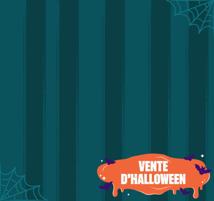 Une tache de slime orange entourée de chauves-souris. Texte additionnel : Promo de Halloween. Fond bleu-vert foncé avec des toiles d'araignée dans les coins.