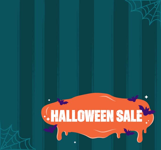 A blob of orange slime surrounded by bats. Additional text: Halloween Sale. Background is dark teal with spiderwebs in the corners.