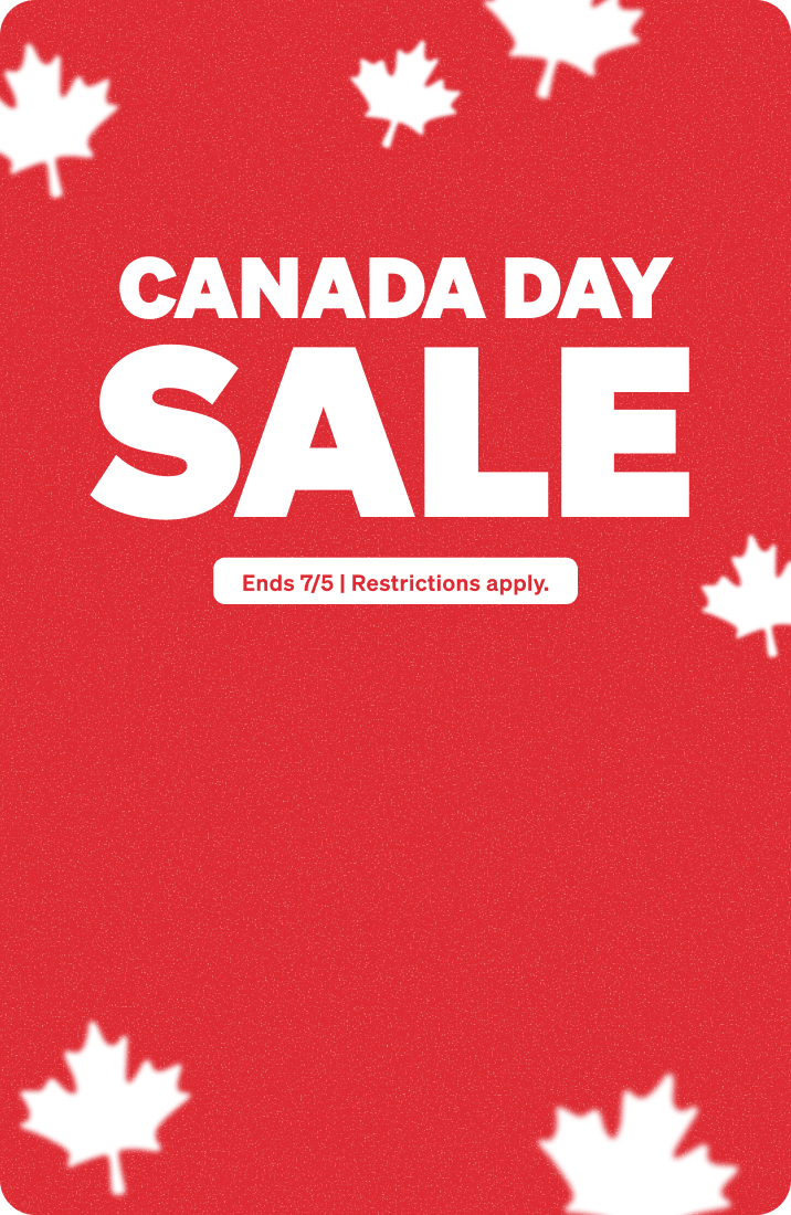 Marketing graphic for a Canada Day sale featuring white maple leaves floating across a textured red background, with text that reads 'CANADA DAY SALE'.