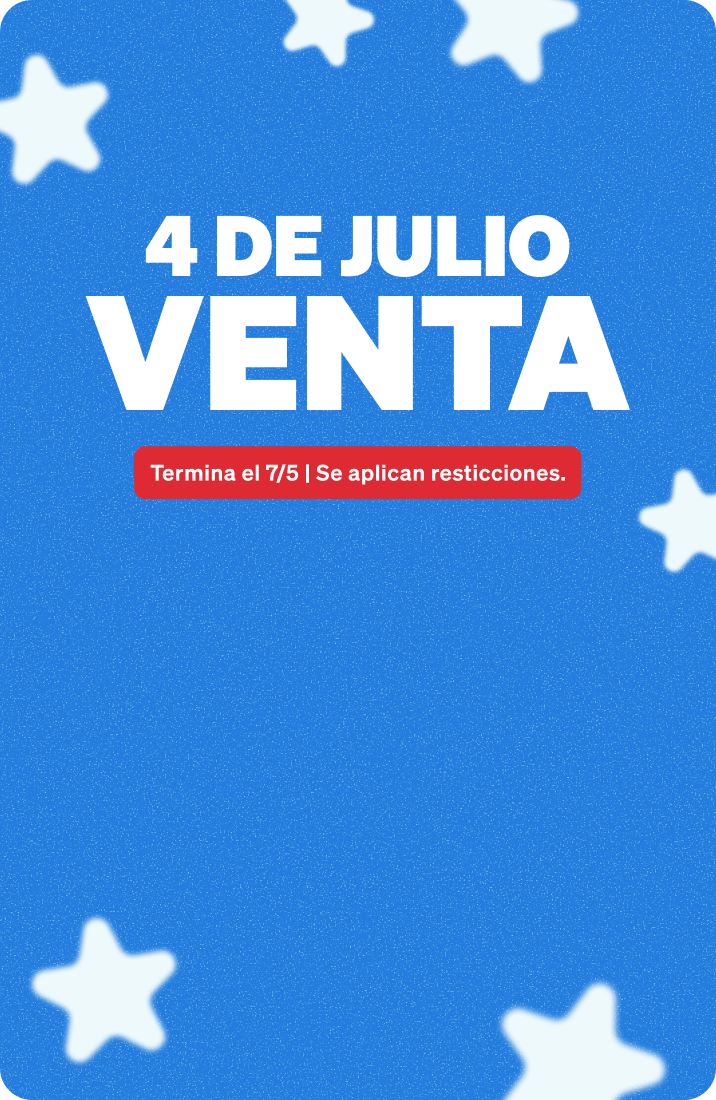 Banner promocional para una venta del 4 de julio que presenta suaves estrellas blancas esparcidas sobre un fondo azul texturizado, con el texto '4 DE JULIO VENTA'.