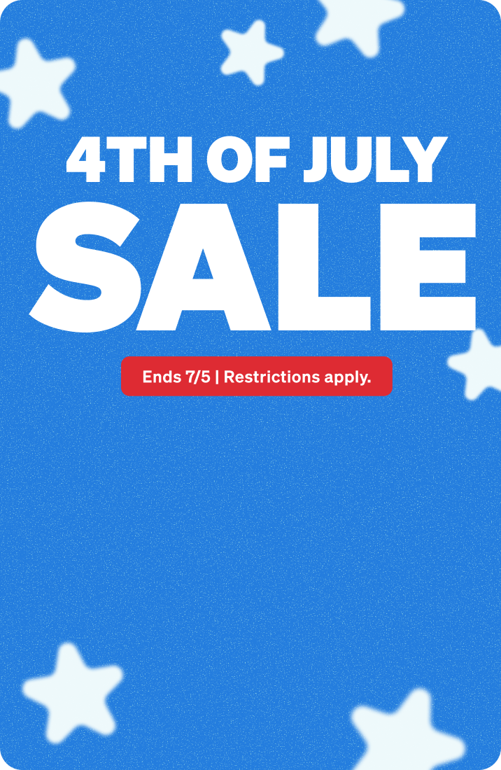 Promotional banner for a 4th of July sale featuring soft white stars scattered across a blue textured background, with text that reads '4TH OF JULY SALE'.