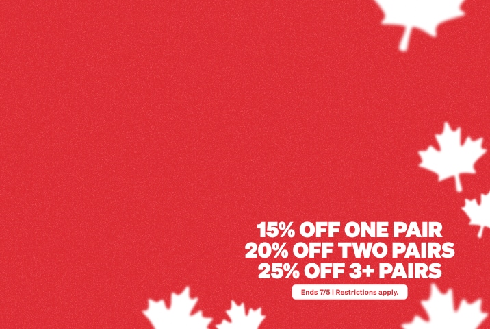 Marketing banner for a Canada Day sale featuring white maple leaves floating across a textured red background, with text on the right reading '15% OFF ONE PAIR, 20% OFF TWO PAIRS, 25% OFF 3+ PAIRS' above a white button stating 'Ends 7/5'.