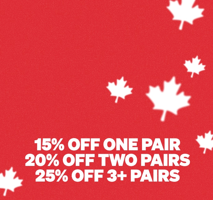 Marketing graphic for a Canada Day sale featuring white maple leaves floating across a textured red background, with white text at the bottom reading '15% OFF ONE PAIR, 20% OFF TWO PAIRS, 25% OFF 3+ PAIRS'.