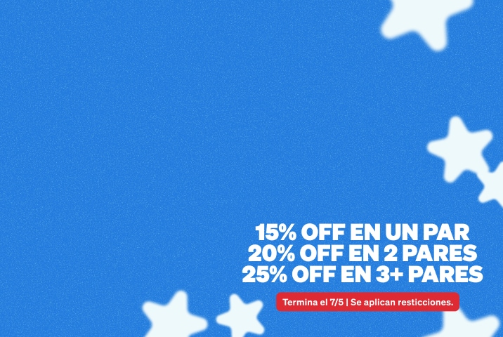 Banner promocional para una venta del 4 de julio que presenta suaves estrellas blancas esparcidas sobre un fondo azul texturizado, con el texto a la derecha '15% OFF EN UN PAR, 20% OFF EN 2 PARES, 25% OFF EN 3+ PARES' arriba de un pequeño botón rojo que dice 'Termina el 7/5'.