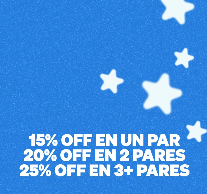 Banner promocional para una venta del 4 de julio que presenta suaves estrellas blancas esparcidas sobre un fondo azul texturizado, con el texto blanco en la parte inferior '15% OFF EN UN PAR, 20% OFF EN 2 PARES, 25% OFF EN 3+ PARES'.