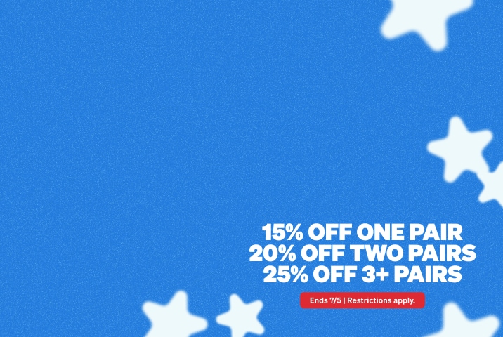 Promotional banner for a 4th of July sale featuring soft white stars scattered across a blue textured background, with text on the right reading '15% OFF ONE PAIR, 20% OFF TWO PAIRS, 25% OFF 3+ PAIRS' above a small red button that says 'Ends 7/5'.