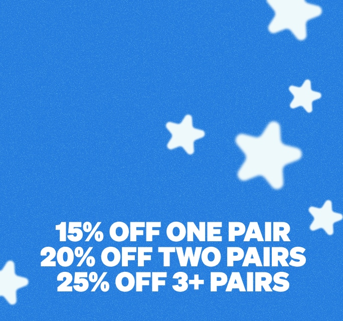 Promotional banner for a 4th of July sale featuring soft white stars scattered across a blue textured background, with white text at the bottom reading '15% OFF ONE PAIR, 20% OFF TWO PAIRS, 25% OFF 3+ PAIRS'.