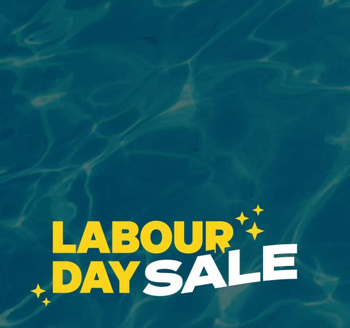 Labour Day Sale in wavy all-caps white and yellow type over dark teal pool water.