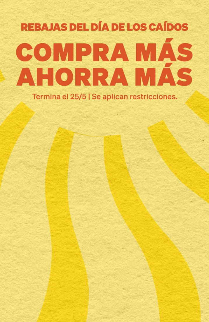 Una pancarta amarilla con un motivo de sol texturizado para una venta del Día de los Caídos en España (Rebajas del Día de los Caídos), con el texto 'Compra Más Ahorra Más' en naranja negrita, que finaliza el 25 de mayo.