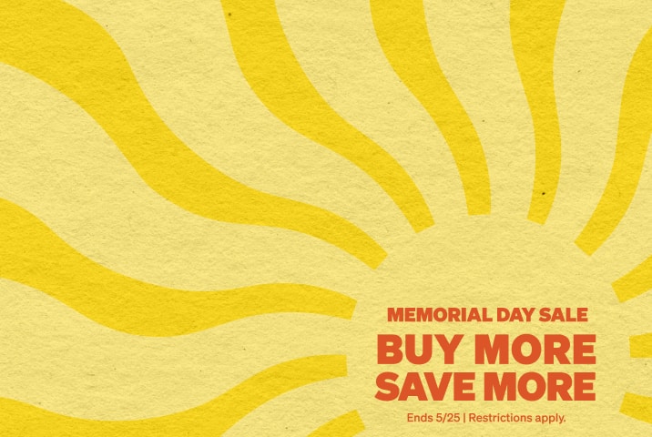 A yellow banner with a textured sun motif for a Memorial Day Sale, featuring the text 'Buy More Save More' in bold orange, ending May 17th.