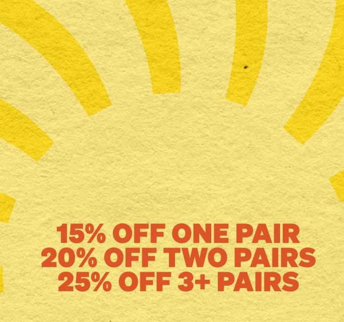 A yellow promotional tile with a sun motif, listing tiered discounts: '15% OFF ONE PAIR', '20% OFF TWO PAIRS', and '25% OFF 3+ PAIRS'.