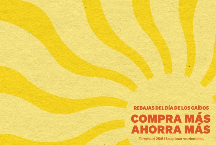 Una pancarta amarilla con un motivo de sol texturizado para una venta del Día de los Caídos en España (Rebajas del Día de los Caídos), con el texto 'Compra Más Ahorra Más' en naranja negrita, que finaliza el 25 de mayo.