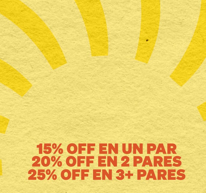 Un banner promocional amarillo con un motivo de sol, que detalla descuentos escalonados: '15% OFF EN UN PAR', '20% OFF EN 2 PARES' y '25% OFF EN 3+ PARES'.