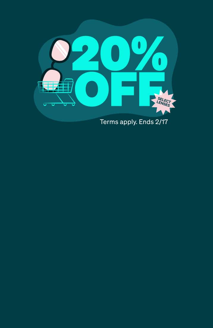 A promotional graphic with a dark teal background featuring the text 20% OFF in large, bold teal letters. A teal shopping cart icon sits to the left of the text, holding a pair of pink-tinted glasses. Below the main text, a light blue pill-shaped button displays the code SHIELD20. A small pink starburst in the corner notes SELECT LENSES, and the graphic ends with the deadline February 17.