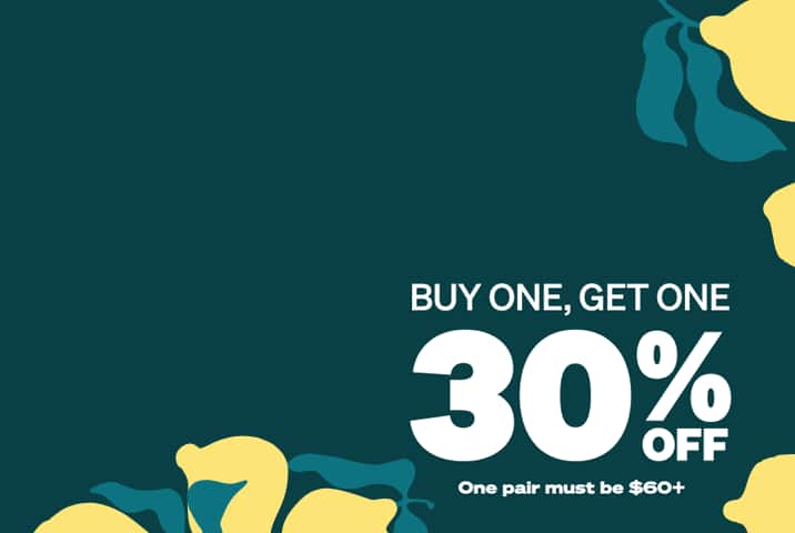 Promotional graphic for a spring sale on a dark teal background with yellow lemon illustrations. Large white text reads 'BUY ONE, GET ONE 30% OFF', with a sub-caption stating 'One pair must be $60+'.