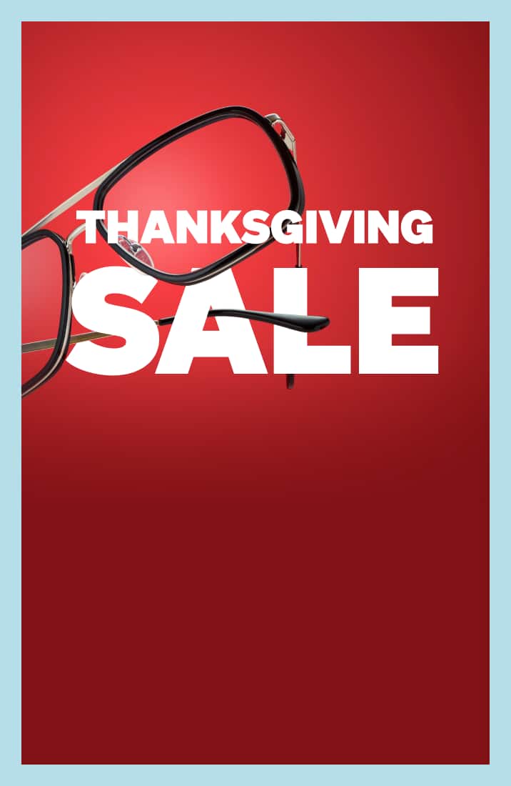 Black and gold aviator eyeglasses floating over bold white text reading "THANKSGIVING SALE" against a rich red background.