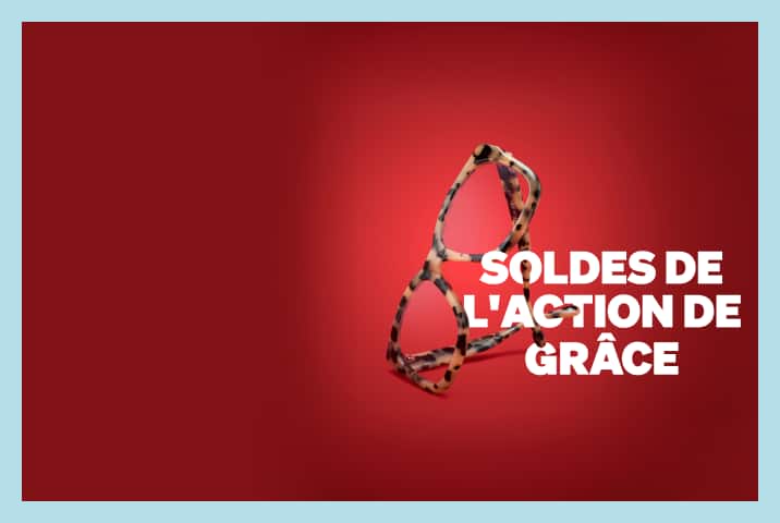 Lunettes aviateur noires et dorées flottant au-dessus d'un texte blanc en gras lisant « SOLDES DE L'ACTION DE GRÂCE » sur fond rouge vif.