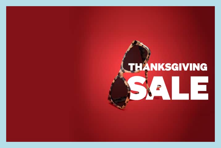 Black and gold aviator eyeglasses floating over bold white text reading "THANKSGIVING SALE" against a rich red background.