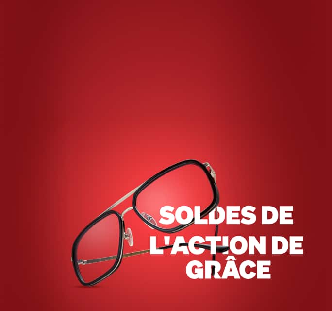 Lunettes aviateur noires et dorées flottant au-dessus d'un texte blanc en gras lisant « SOLDES DE L'ACTION DE GRÂCE » sur fond rouge vif.