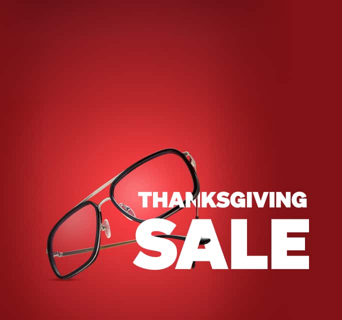 Black and gold aviator eyeglasses floating over bold white text reading "THANKSGIVING SALE" against a rich red background.