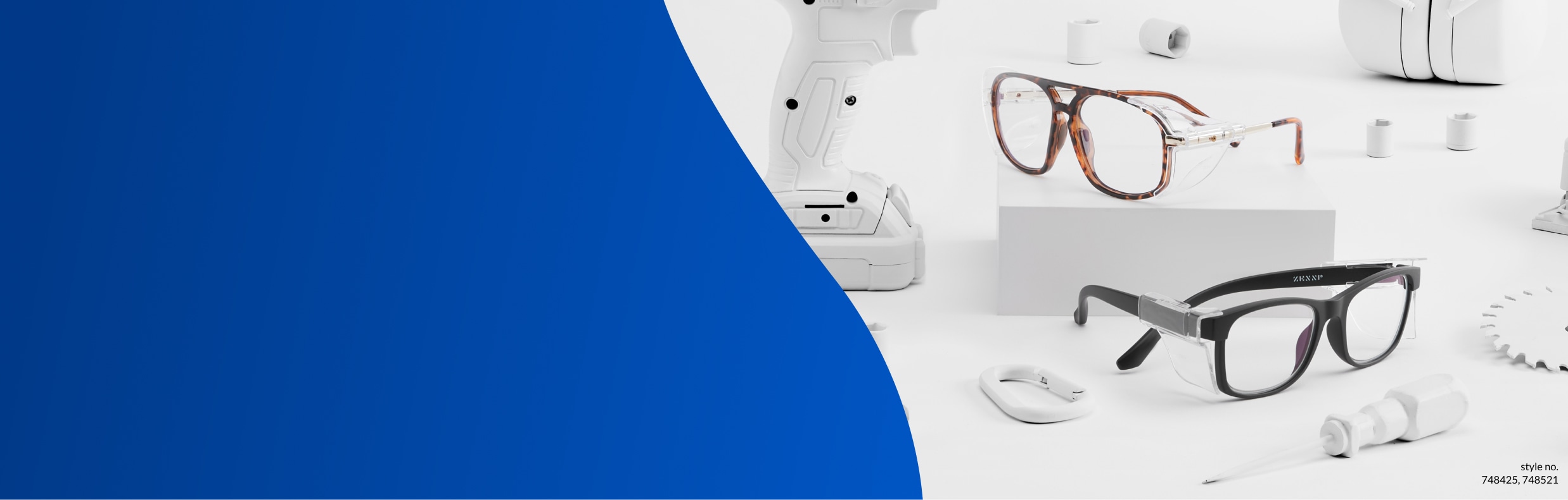 Image of Zenni ANSI Z87.1 safety glasses #748425 and #748521, surrounded by a variety of white workshop tools.