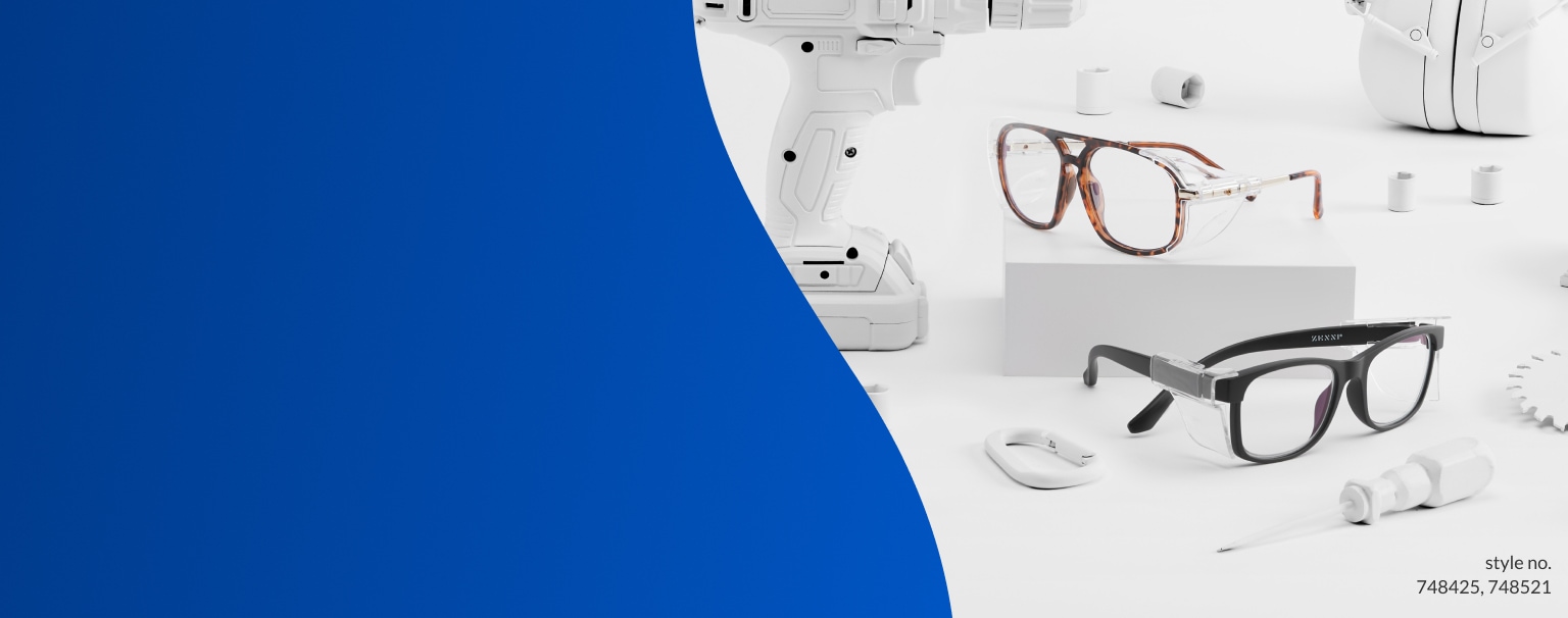 Image of Zenni ANSI Z87.1 safety glasses #748425 and #748521, surrounded by a variety of white workshop tools.