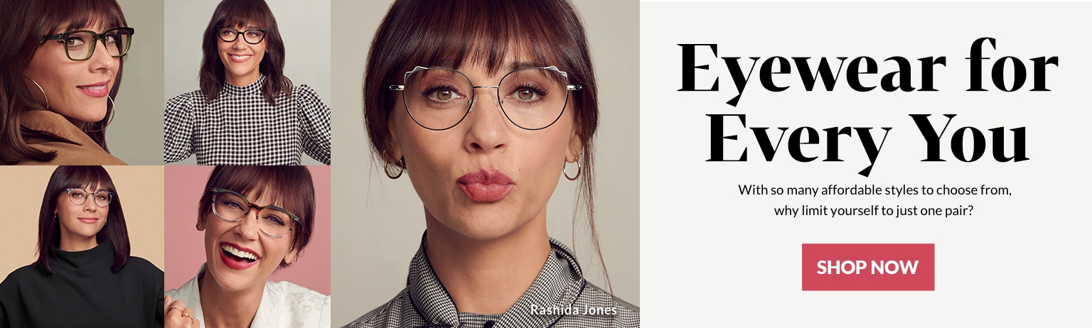 Actress Rashida Jones strikes different poses wearing Zenni glasses, including silver metal cat-eye glasses #3219611, green pattern browline glasses #7822024, Dare kids’ square glasses in forest green #4440724, black acetate cat-eye glasses #4437921, and square acetate glasses #4438529 in forest.