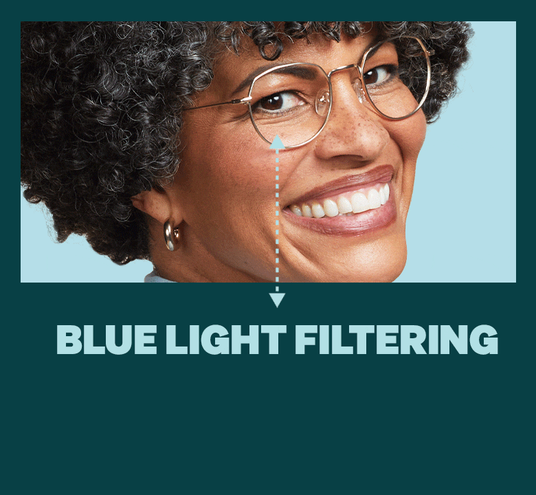 Woman wearing metal custom reading glasses. Blue light filtering. 100% UV Protection. Durable.