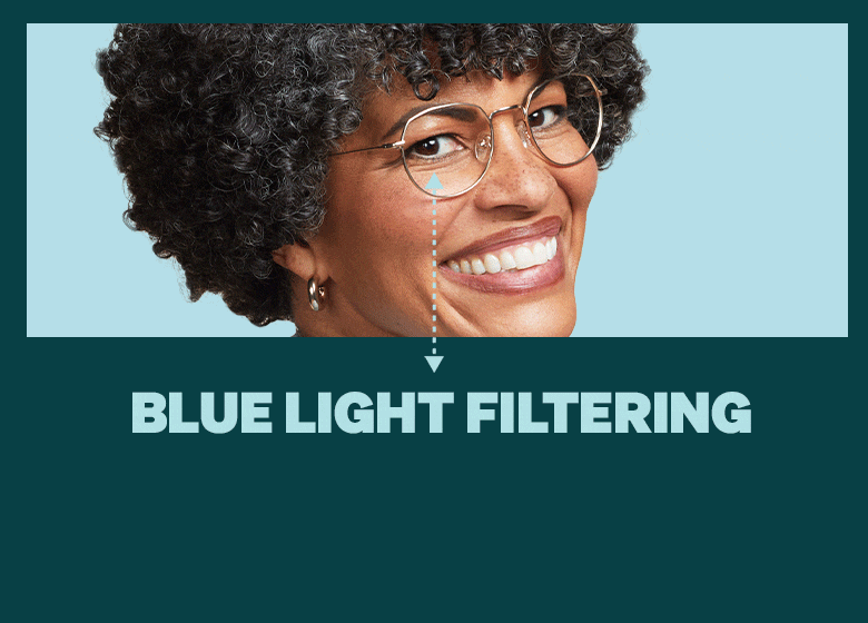 Woman wearing metal custom reading glasses. Blue light filtering. 100% UV Protection. Durable.