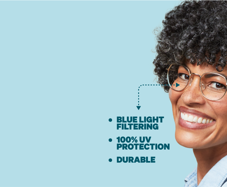 Woman wearing metal custom reading glasses. Blue light filtering. 100% UV Protection. Durable.