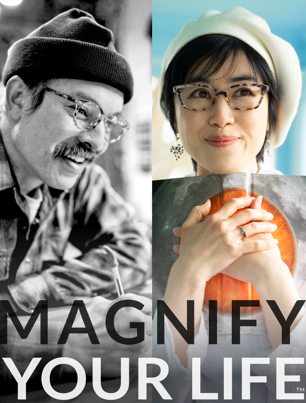 Magnify your life. Two images of models wearing Zenni glasses, one in black and white, and the other in color.