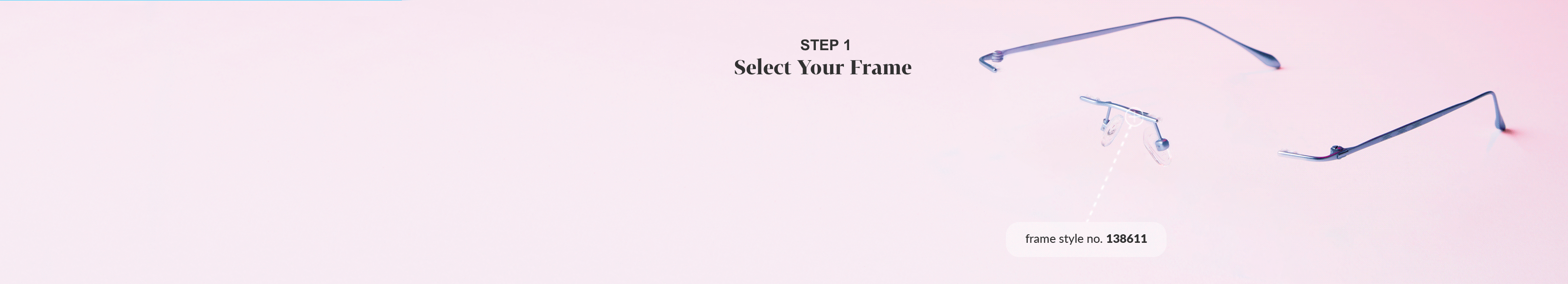 Animated gif of Zenni rimless glasses being put together, with captions saying 'select your frame,' 'choose your lens shape,' and 'customize your lens' against a pink background.