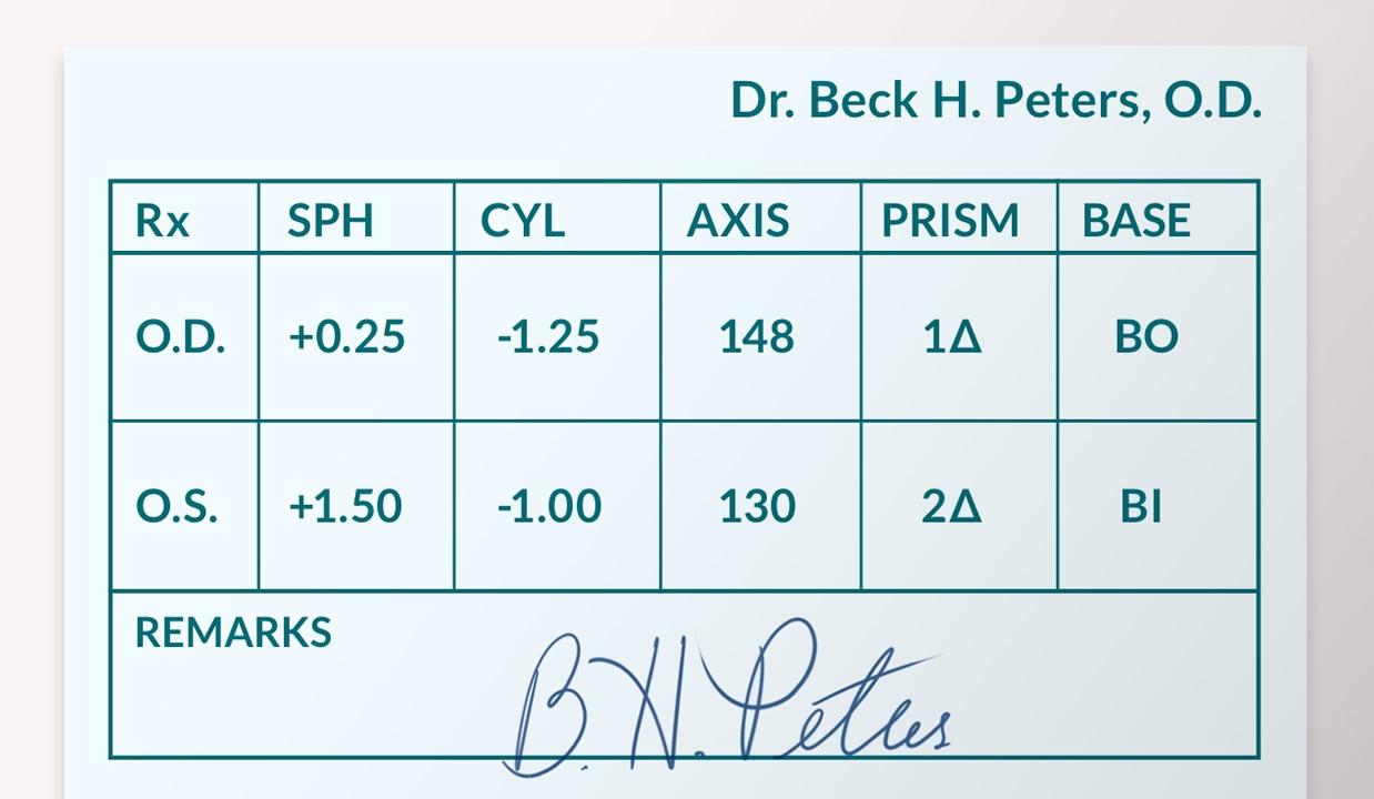 Example of prescription with prism, including values for prism and base.