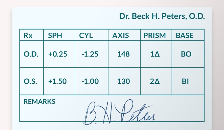 Example of prescription with prism, including values for prism and base.