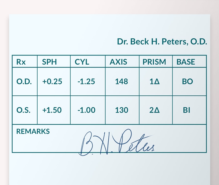 Example of prescription with prism, including values for prism and base.