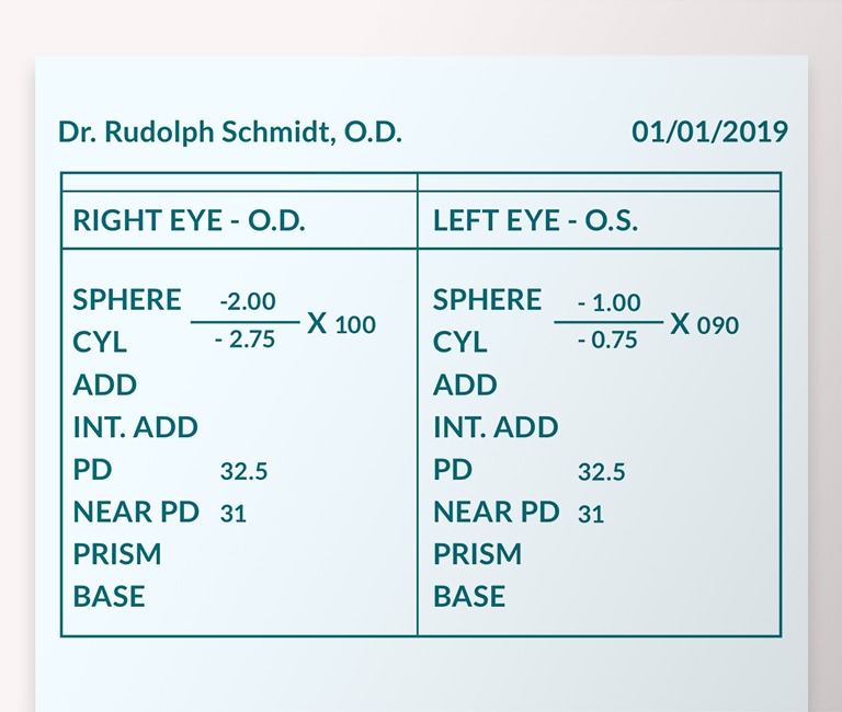 Example of vertical prescription with values listed from top to bottom.