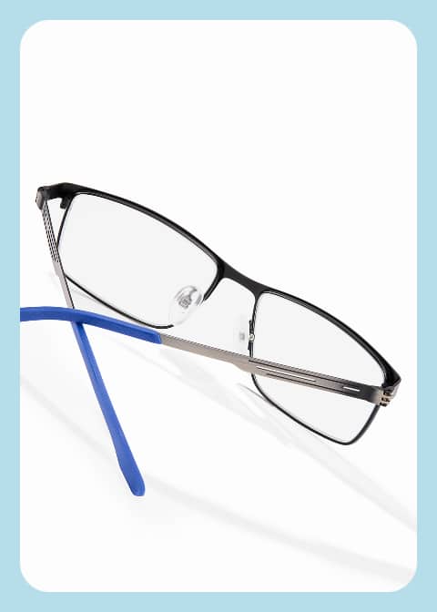 Rectangular glasses with a metal frame and blue temple tips from the Sam Cassell Collection by Zenni.