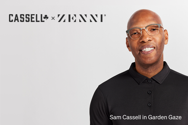 Sam Cassell wearing browline glasses ‘Garden Gaze’ and a black polo shirt, holding a basketball, smiling against a clean white background.