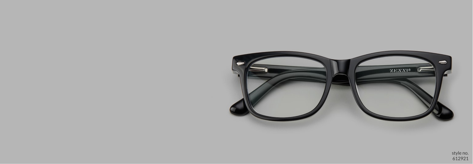 Image of Zenni black rectangle glasses #612921 on a light gray background.