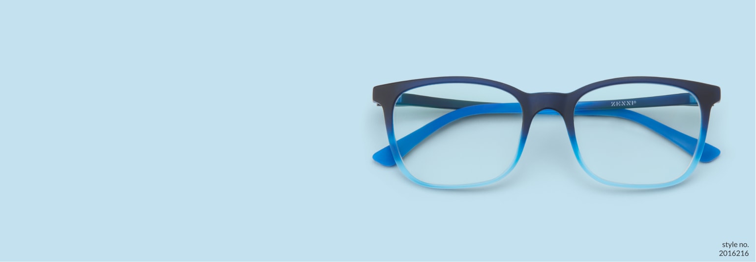 Image of Zenni blue square glasses #2016216 on a light blue background.