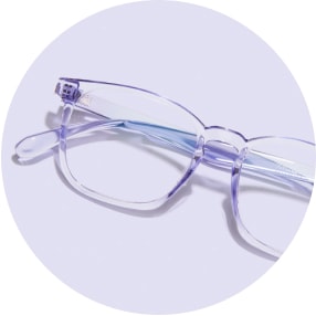 Image of a pair of purple square glasses against a light purple background.