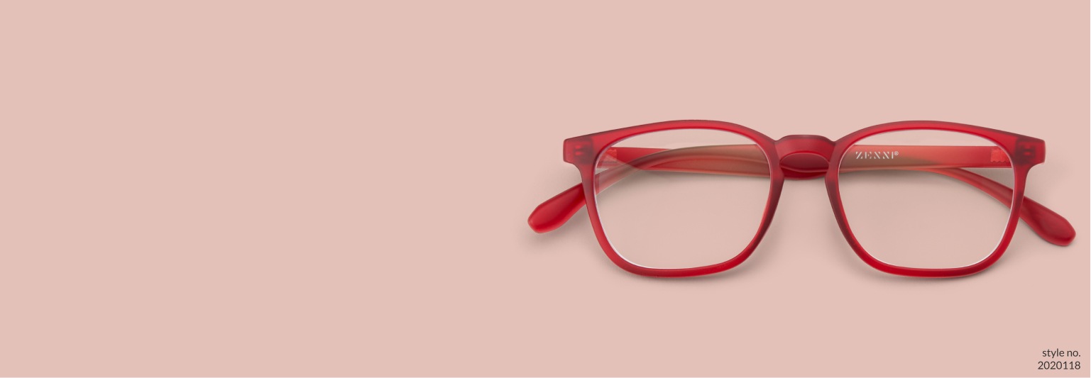 Image of Zenni red sqaure glasses #2020118 on a salmon color background.