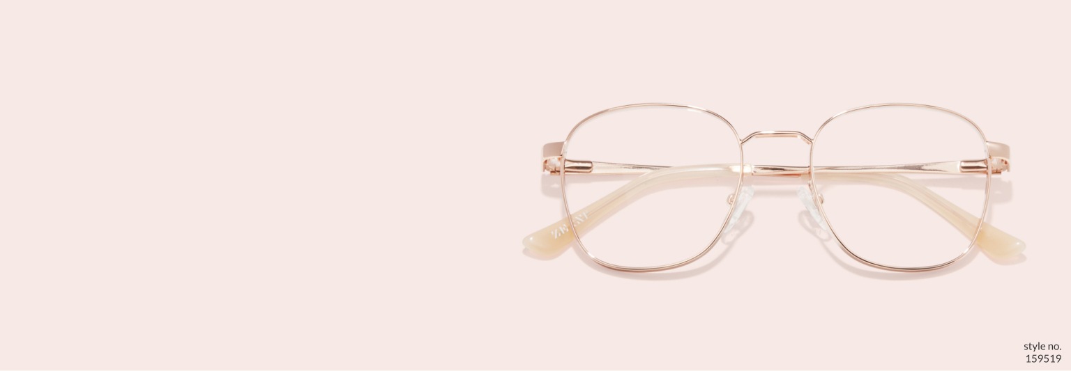 Image of Zenni rose gold square glasses #159519 on a light pink background.