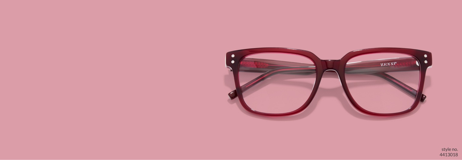 Image of Zenni red square glasses Sausalito #4413018 on a berry color background.
