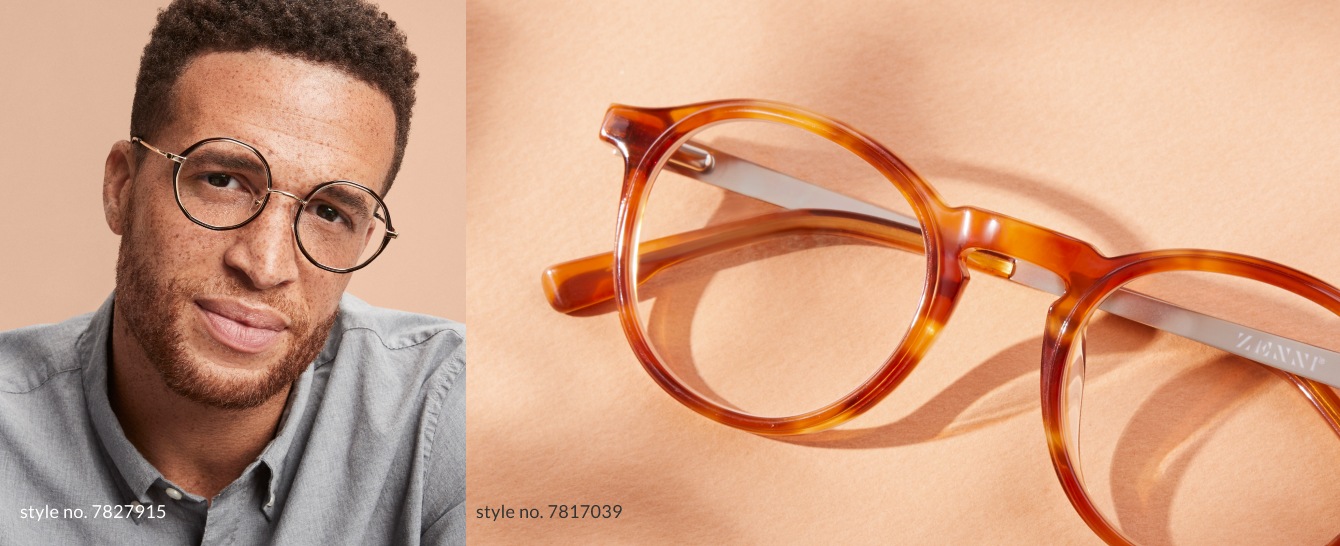 Two images: one of a man wearing Zenni round glasses #7827915, and Image of Zenni round glasses #7817039, with the sun shining on them, against a peach-colored background.