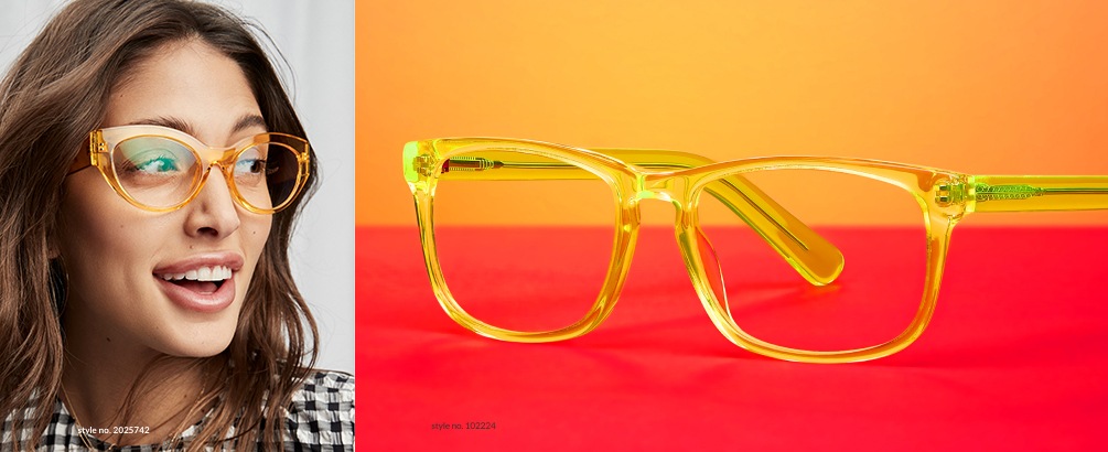 Two images: one of a lady looking to the side, wearing Zenni cat-eye glasses #2025742 against a grey background, the second is a bright yellow pair of Zenni glasses #102224 against a red and orange background.